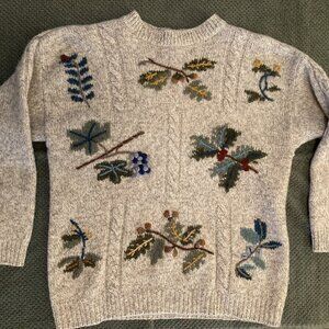 Eddie Bauer Vintage Wool Sweater with Embroidered Leaves